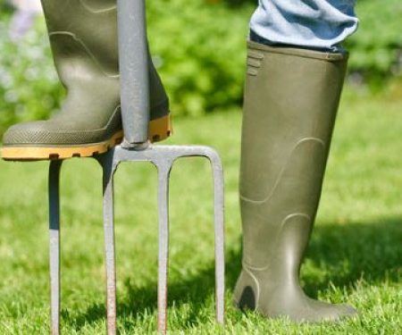 a gardener with one foot on the gardening fork ready for aeration