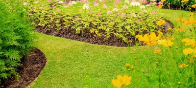 beautiful landscape of flower beds, shrubs and well maintained lawn