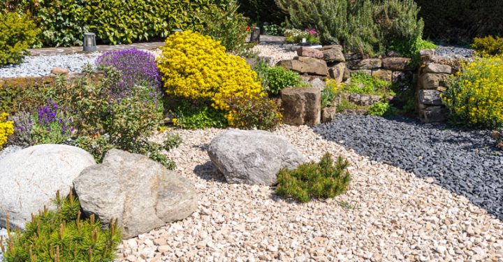 Beautifully landscaped ornamental garden, ornamental gravel, flowers and rocks